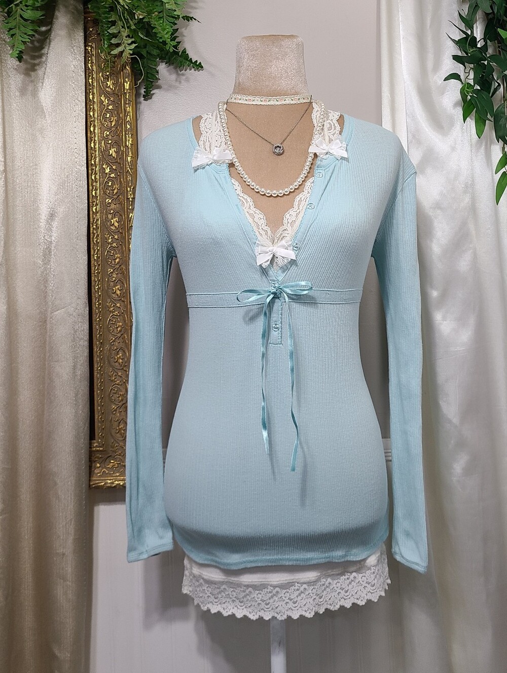 ♡ Y2K ♡ Baby Blue Bling Button Babydoll Empire Waist Long Sleeve Ballerina Top